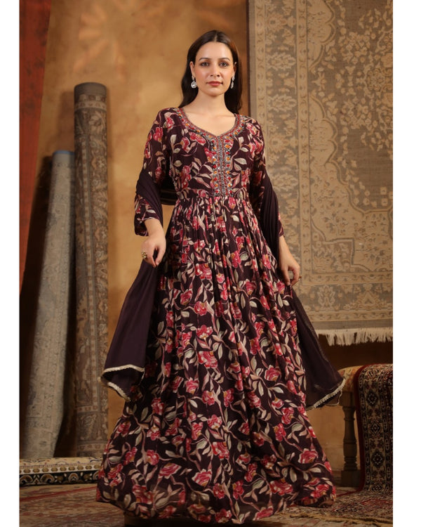 Chinon Noor-e-Gul Floral Anarkali with Dupatta - Deep Wine