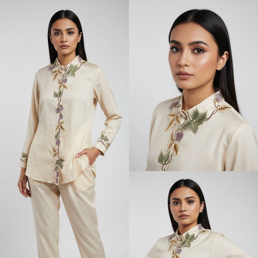 Verda Vine Ivory Embroidered Co-Ord Set - Ivory