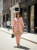 Luxe Cotton Peach Embroidered 3 Piece Co-Ord Set - Peach