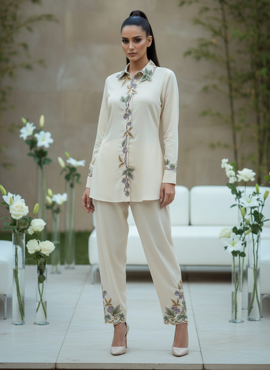 Verda Vine Ivory Embroidered Co-Ord Set