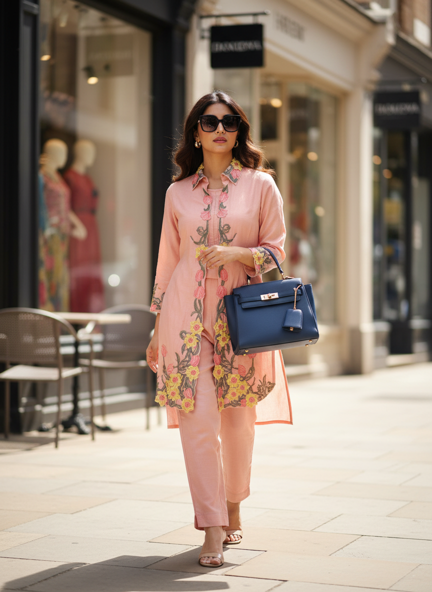 Luxe Cotton Peach Embroidered 3 Piece Co-ord Set