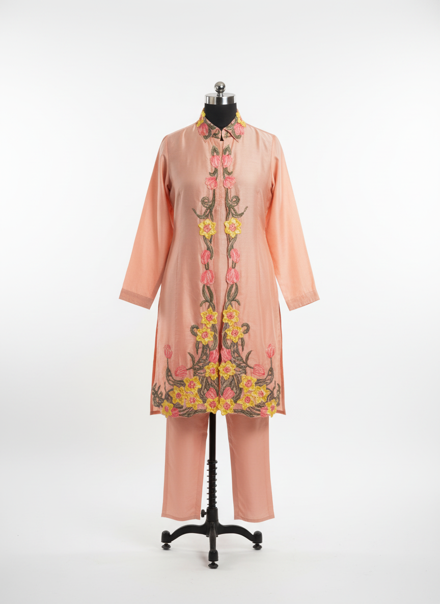 Luxe Cotton Peach Embroidered 3 Piece Co-ord Set
