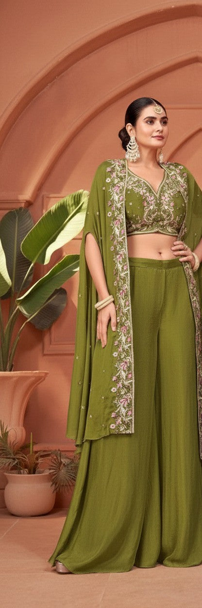 Pure Chinon Indo-Western 3 Pc Cape Set - Olive Mehndi