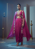 Gulnar Rani - Chinon Draped Skirt Cape Set (3 Pc) - Fuchsia