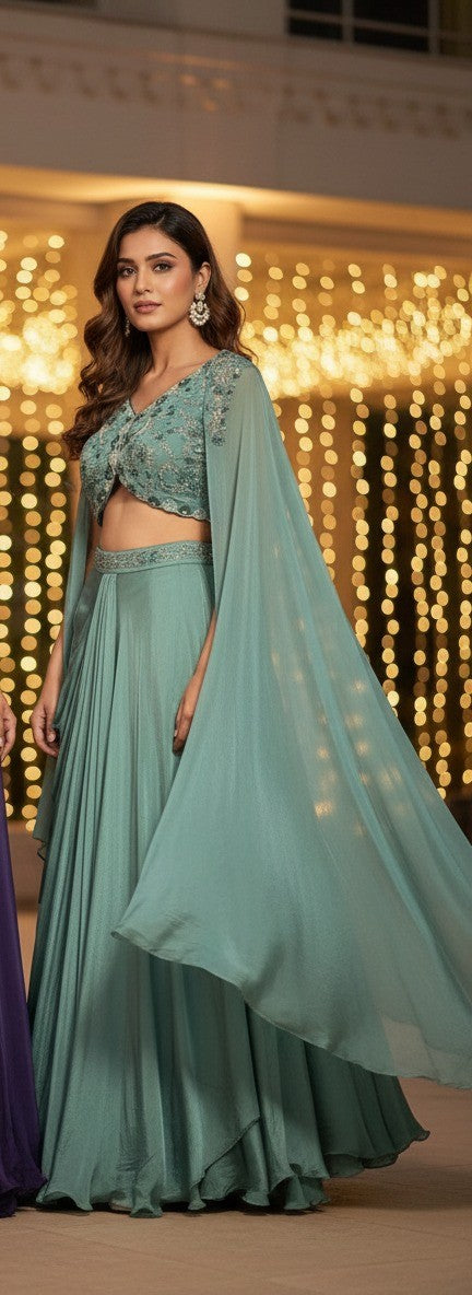 Ethereal Drape - Chinon Cape & Drape Skirt Set (3 Pc) - Sage Mist