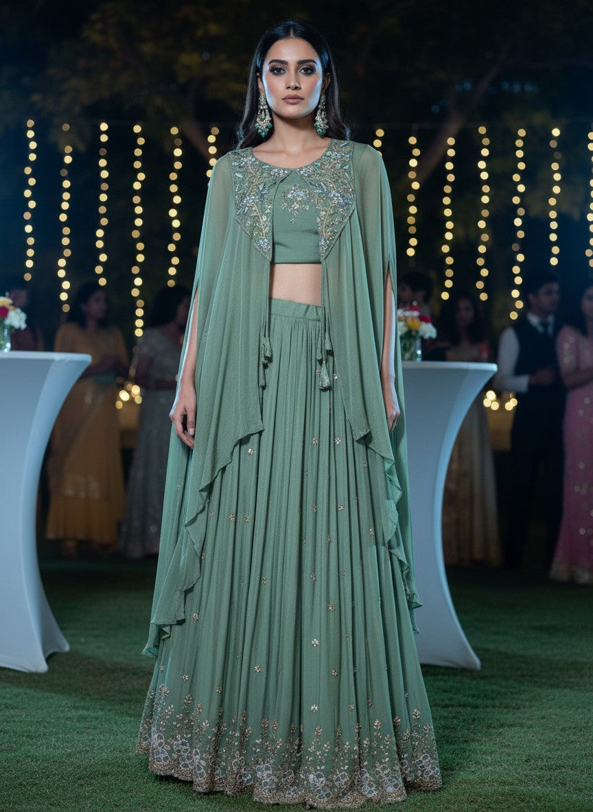 Sage Serenity - Embroidered Georgette Cape Lehenga Set (3 Pc) - Sea Green