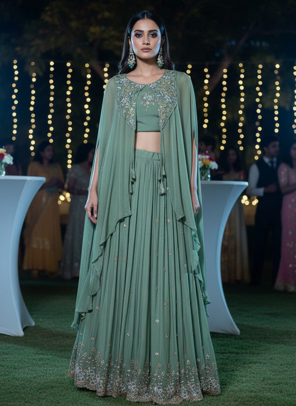 Sage Serenity - Embroidered Georgette Cape Lehenga Set (3 Pc) - Sea Green
