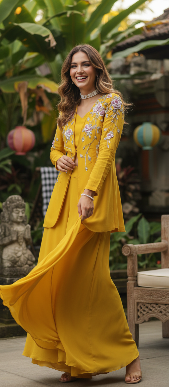 Yellow Pure Georgette Cape Jacket Set - 3 Pc