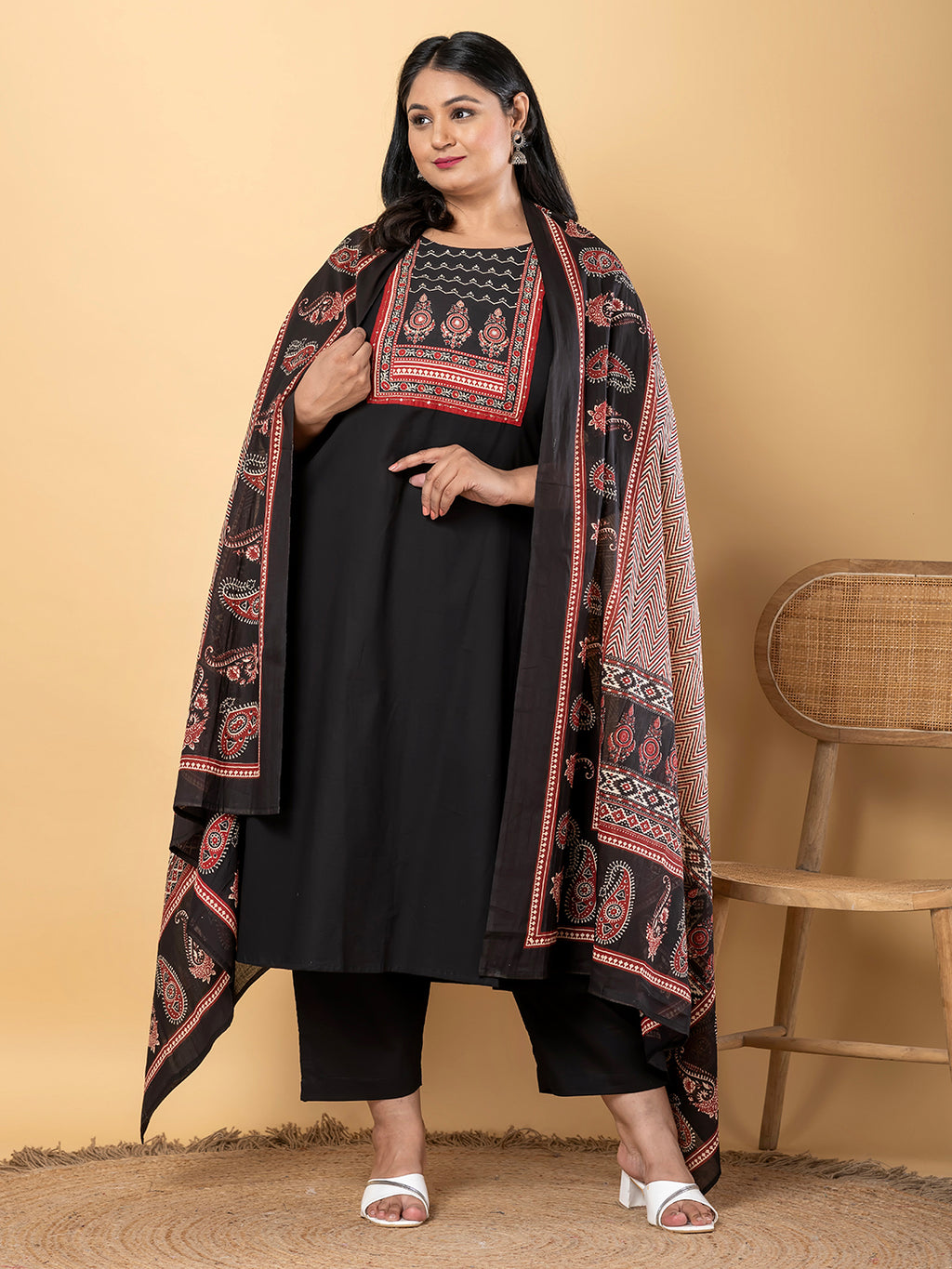 Midnight Ajrakh Plus Size Kurti Pant Suit with Printed Dupatta