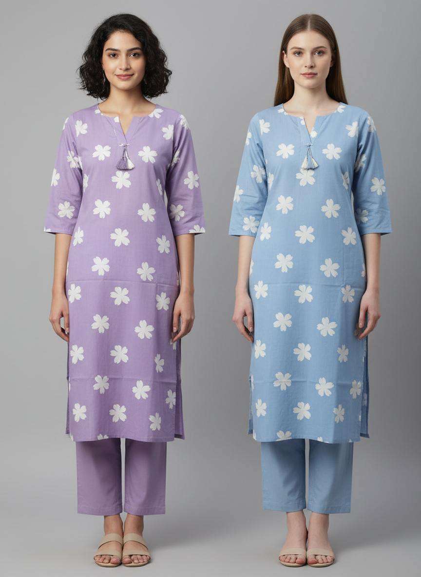 Blue Flora Pure Cotton Kurti