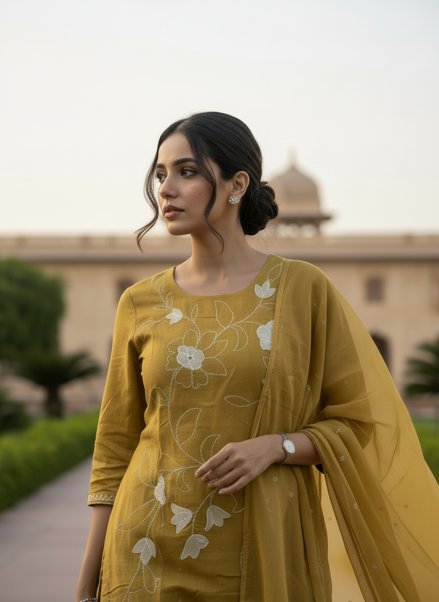 Mustard Yellow Gulbahar Floral Embroidered Cotton Suit Set