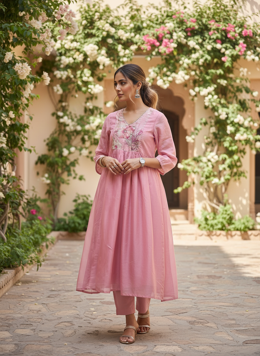 Rose Pink Gulnaar Bloom Organza Suit Set
