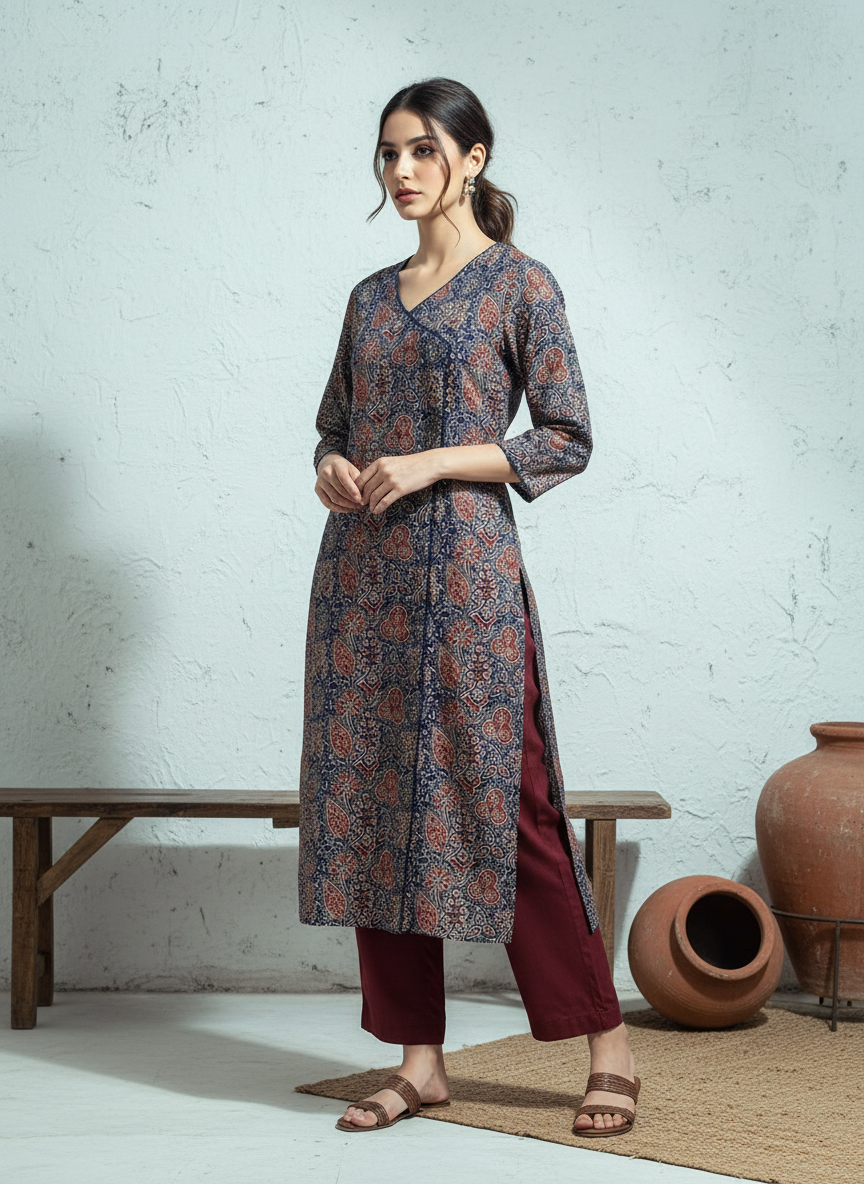 Navy Angrakha Pure Cotton Kurti
