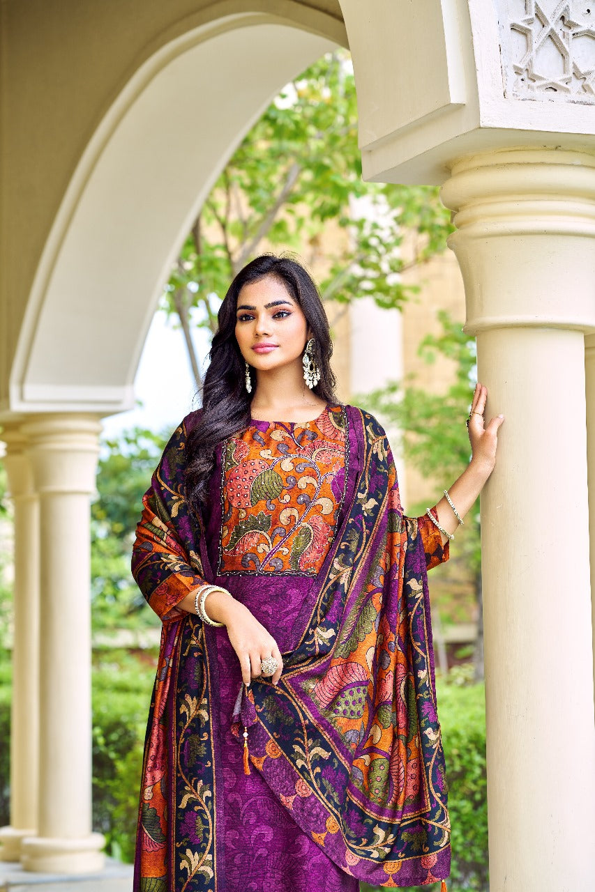 Purple Muslin Designer 3-Piece Suit