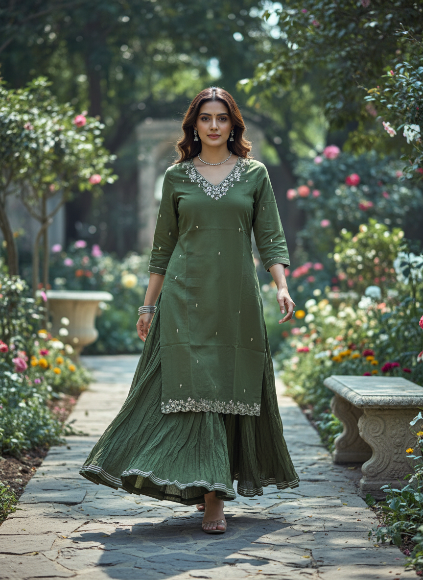 Olive Green Zehra Gota Cotton Kurta & Sharara Set