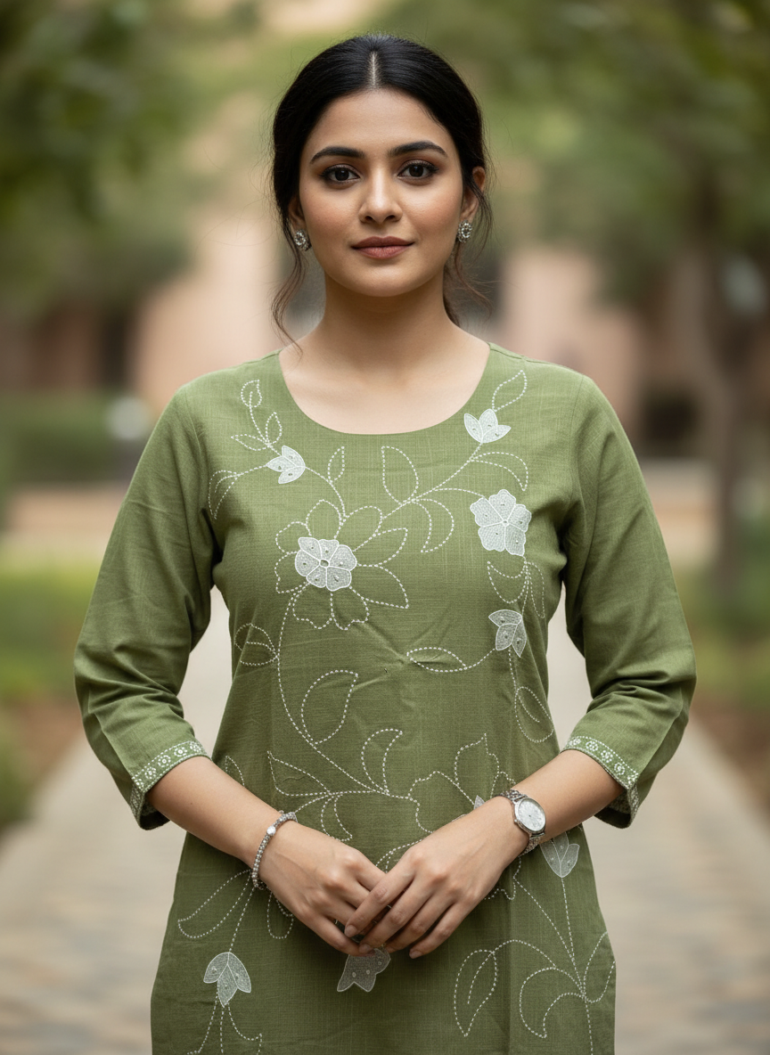 Olive Green Gulbahar Floral Embroidered Cotton Suit Set