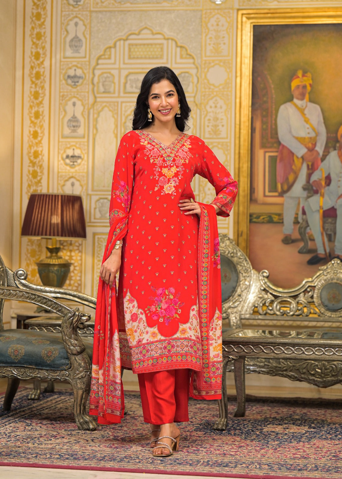 Premium Crepe Phulkaari Red Suit Set - A Vibrant Expression of Festive Craftsmanship