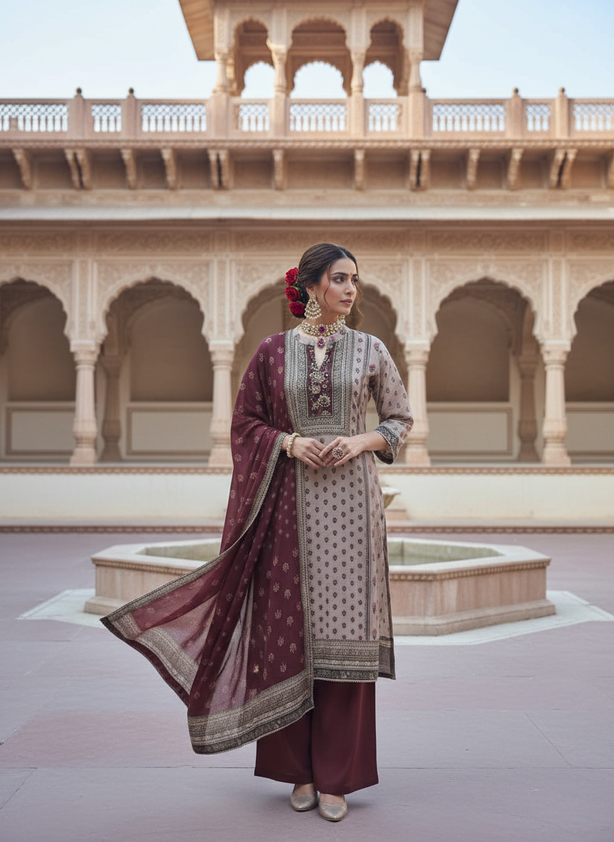 Pure Crepe Elegance  Printed 3-Piece Suit