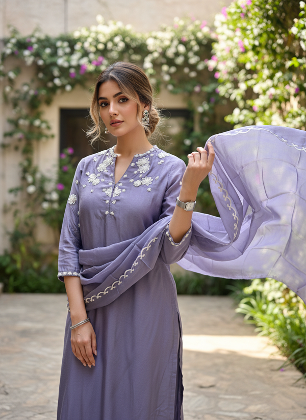 Lavender Bloom Embroidered Mul Chanderi Silk Suit Set