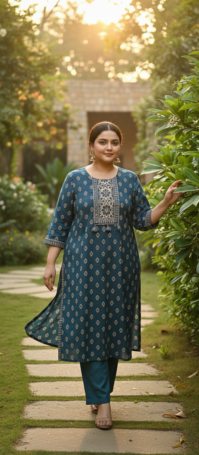 Indigo Bloom Plus Size Cotton Kurti with Ethnic Yoke Embroidery