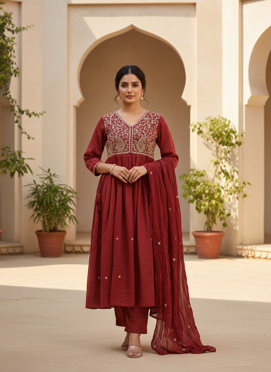 Ruby Zari Embroidered Cotton 3-Piece Anarkali Kurta Set