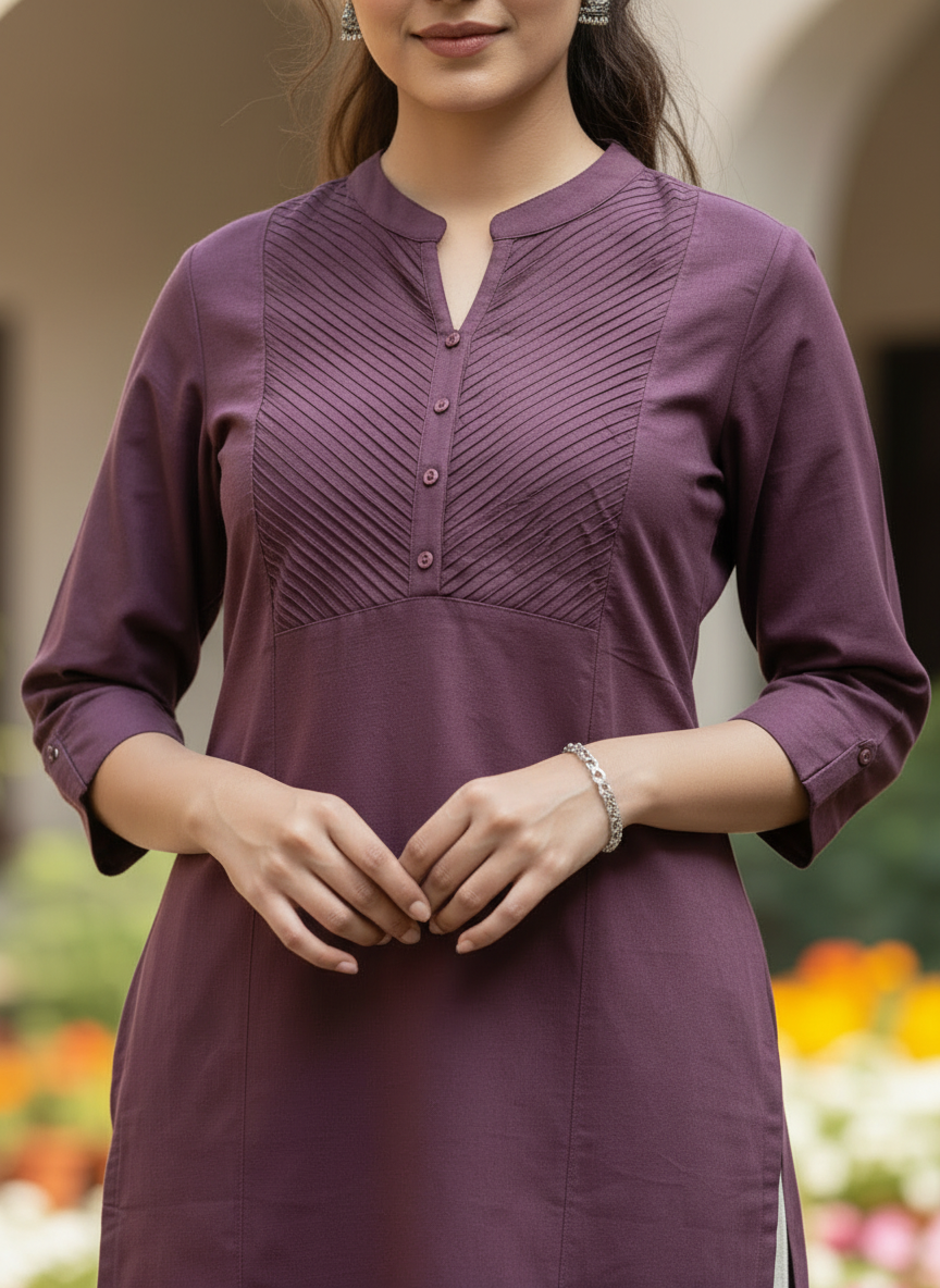 Wine Monotone Pleated Yoke Kurti