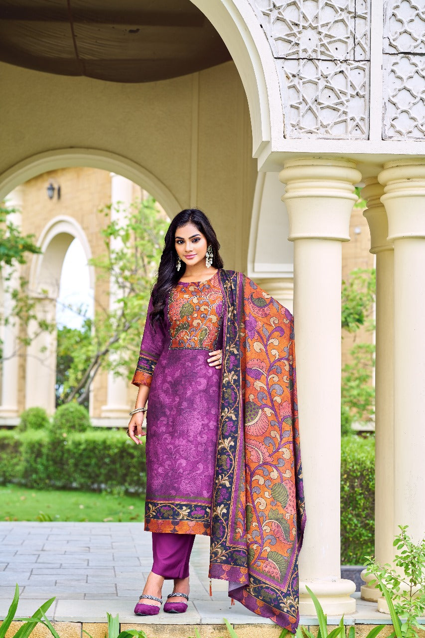 Purple Muslin Designer 3-Piece Suit