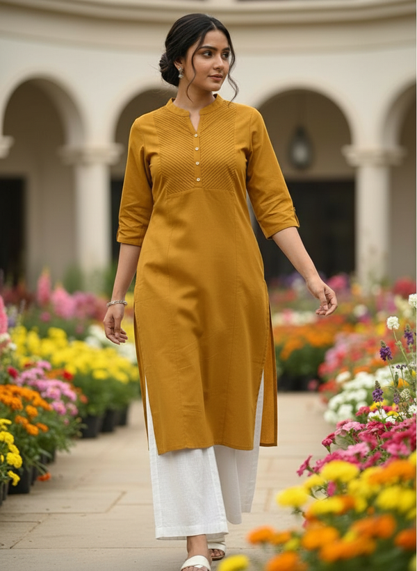 Mustard Monotone Pleated Yoke Kurti