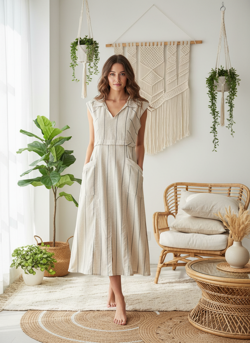 Women’s Beige Cotton Midi Dress with Pockets | Relaxed Boho Summer Dress