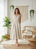Women’s Beige Cotton Midi Dress with Pockets | Relaxed Boho Summer Dress