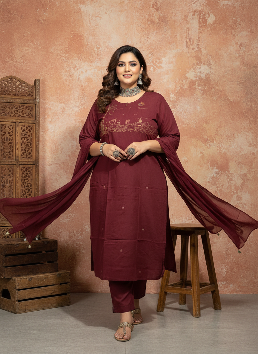 Plus Size Celestial Grace Wine Maroon Kurta Set