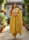 Mustard Yellow Gulnaar Hand-Embroidered Mul Chanderi Kurta Set