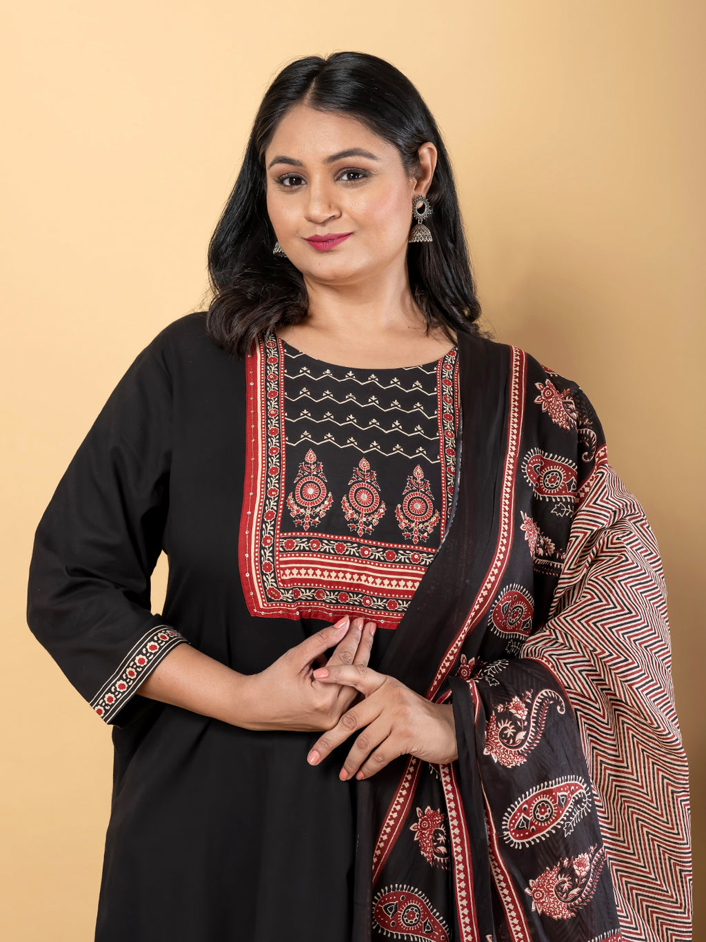 Midnight Ajrakh Plus Size Kurti Pant Suit with Printed Dupatta
