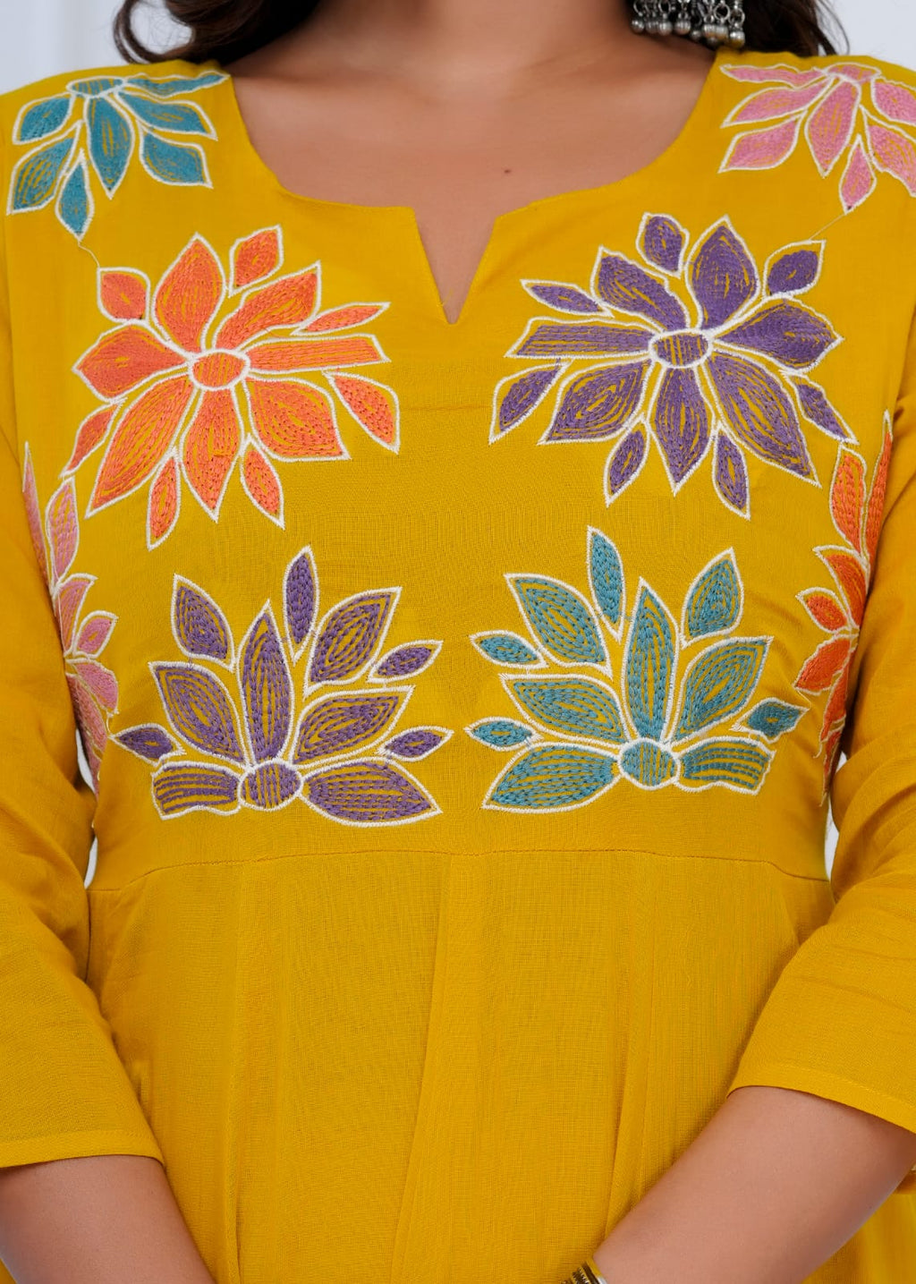 Sunflora Mustard Yellow Embroidered Cotton Anarkali Kurta Set