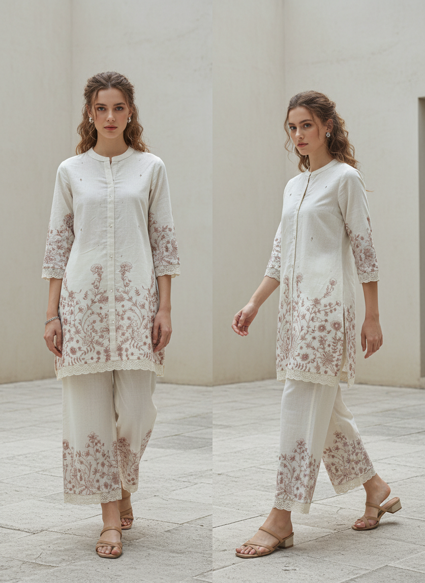 Blush Pink Floral Embroidered Cotton Co-Ord Set