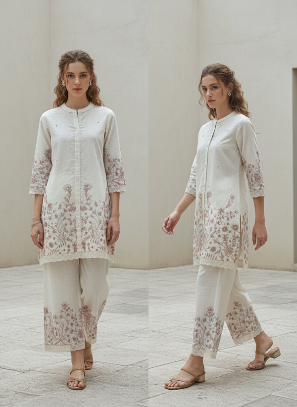 Blush Pink Floral Embroidered Cotton Co-Ord Set