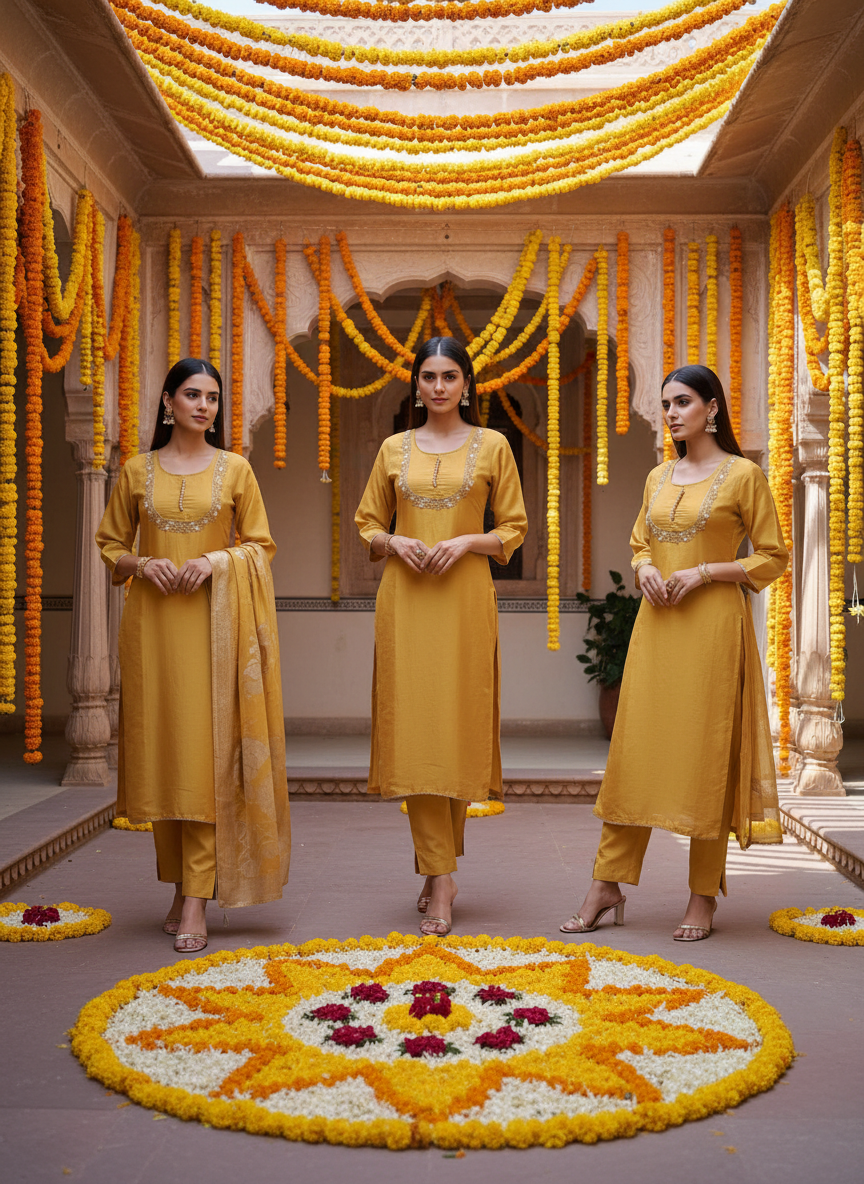 Yellow Sunehri Shimmer Tissue Suit Set - Elegant Festive Ensemble