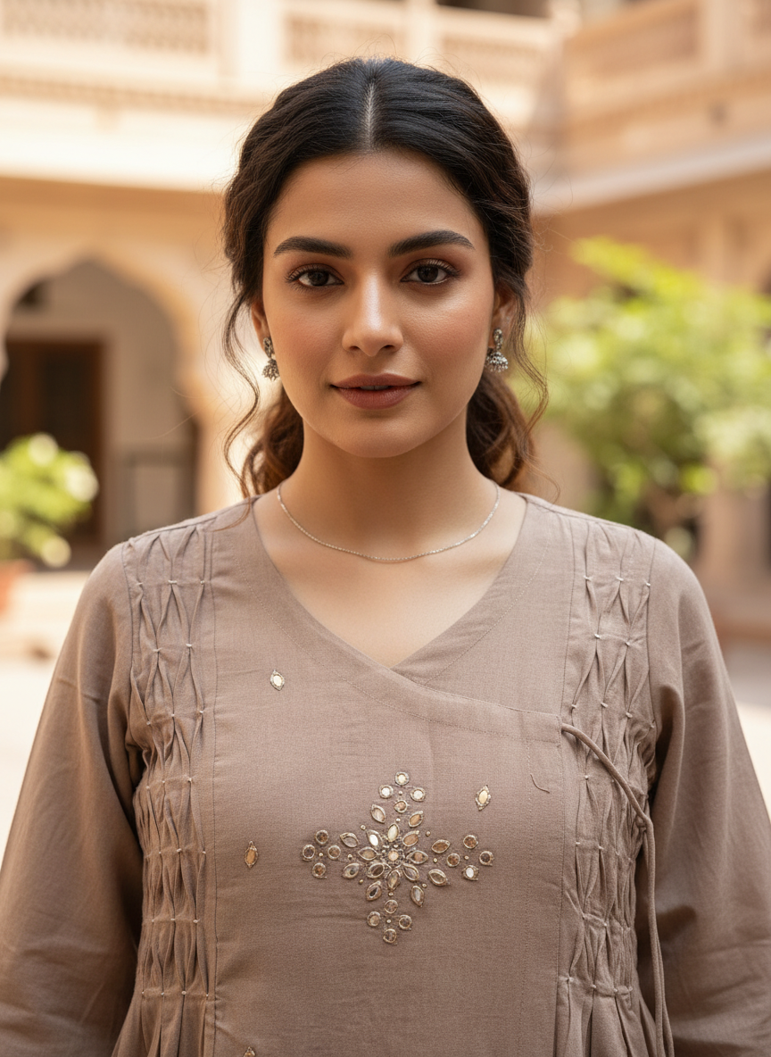 Classic Beige Noor Pintuck Pure Flex Cotton Kurta Set