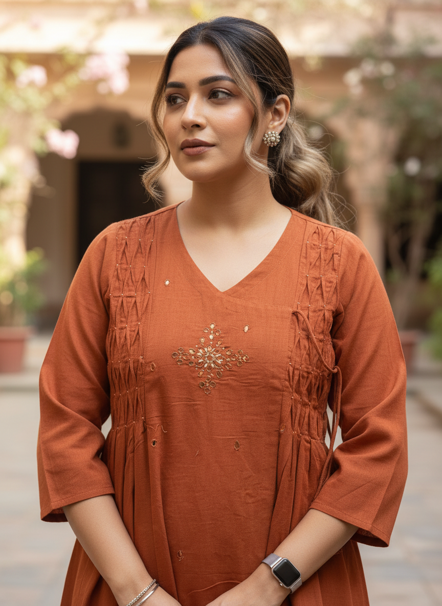 Rust Orange Noor Pintuck Pure Flex Cotton Kurta Set