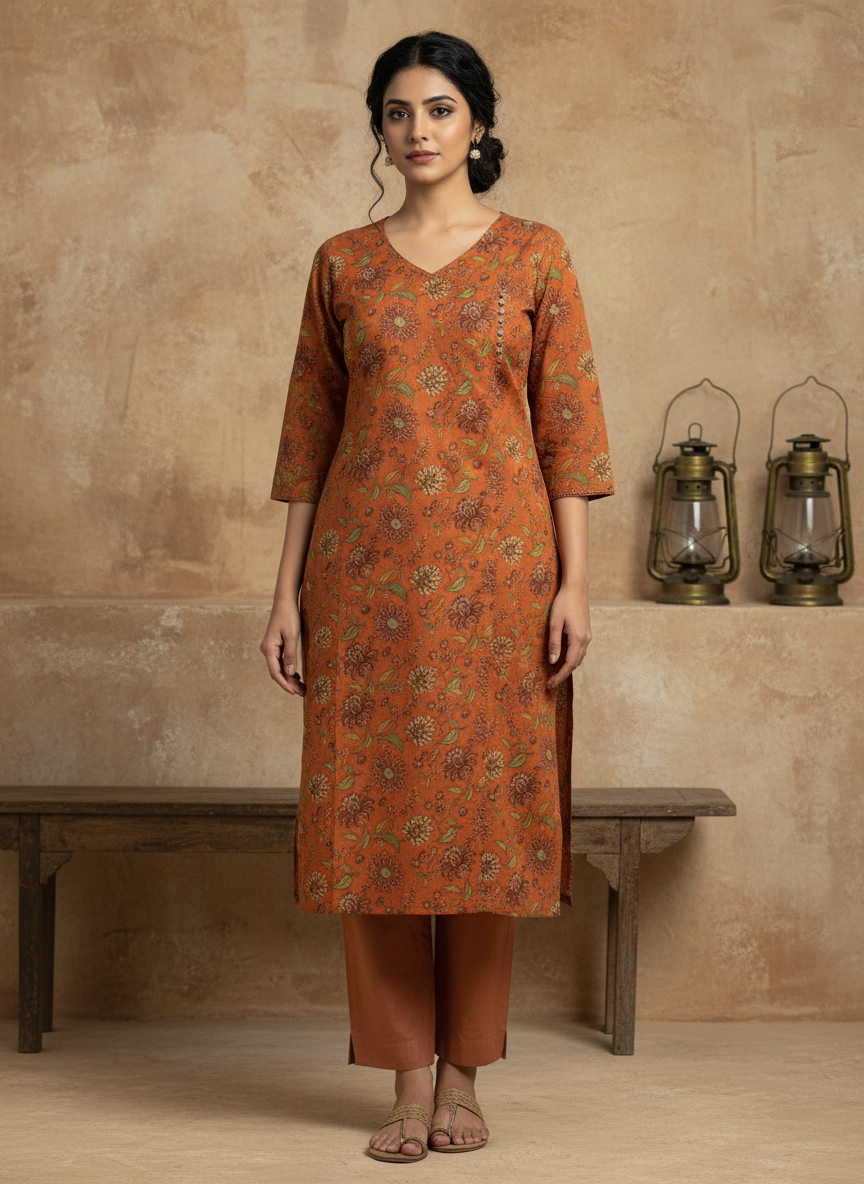 Rust Orange Pure Cotton Angrakha Kurti