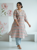 Plus Size Pastel Pink Beige Angrakha Cotton Kurti