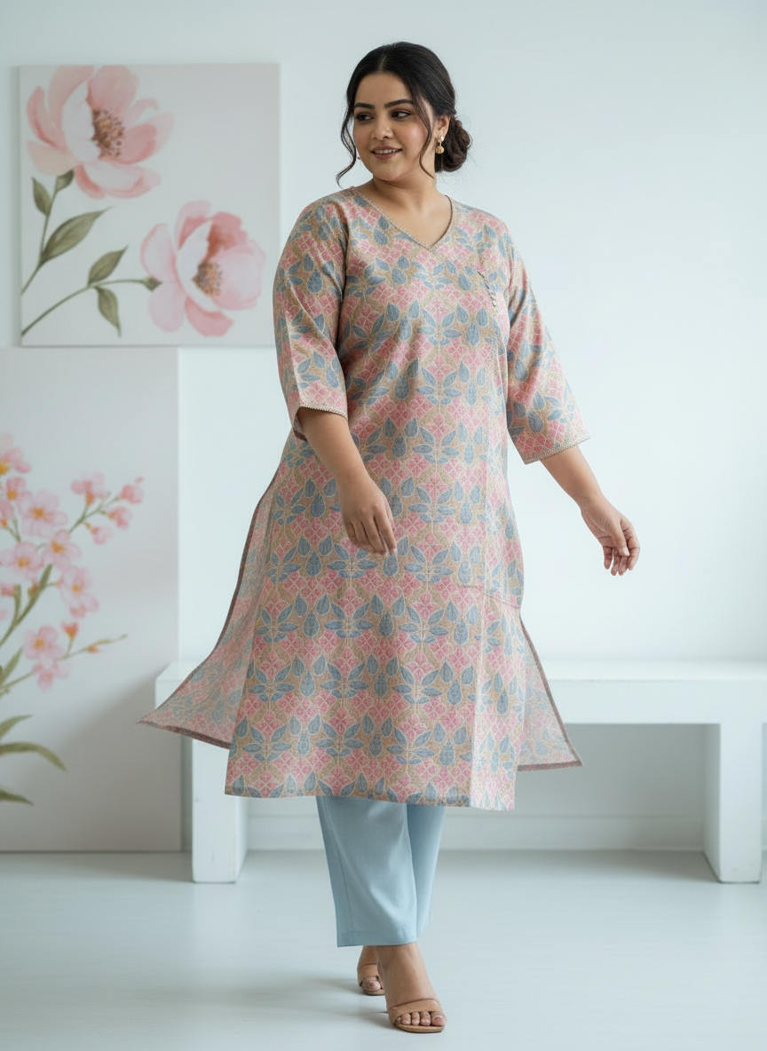 Plus Size Pastel Pink Beige Angrakha Cotton Kurti