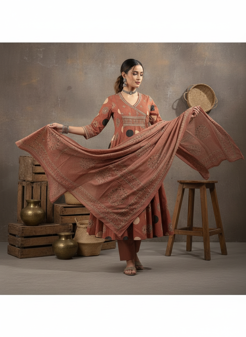 Terracotta Rust Desert Dots Wrap-Style Anarkali Suit Set
