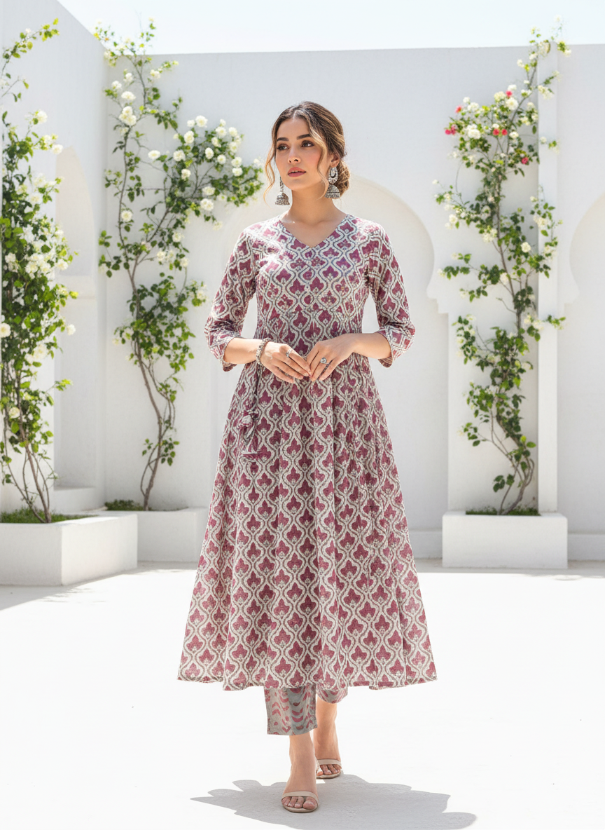 Ivory Rose Printed A-Line Cotton Kurta Set
