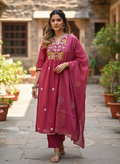 Rani Pink Gulnaar Hand-Embroidered Mul Chanderi Kurta Set