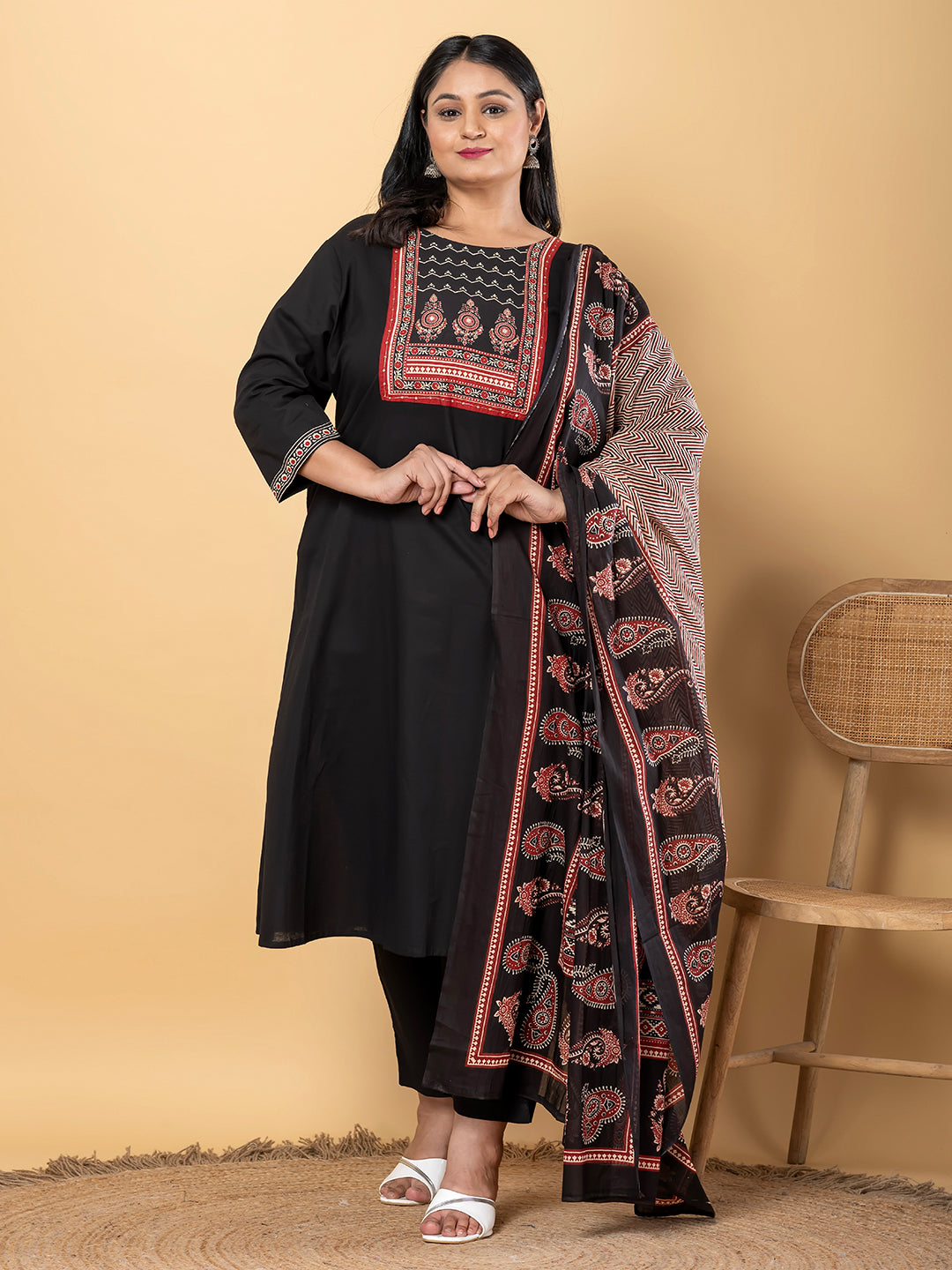 Midnight Ajrakh Plus Size Kurti Pant Suit with Printed Dupatta