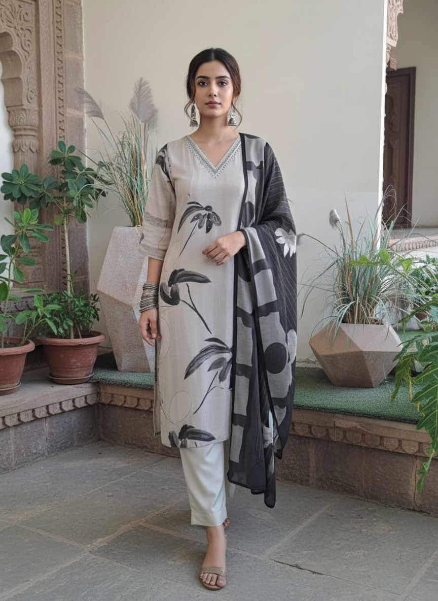 Muslin Noir Mist Digital Suit Set - Modern Elegance in Monochrome