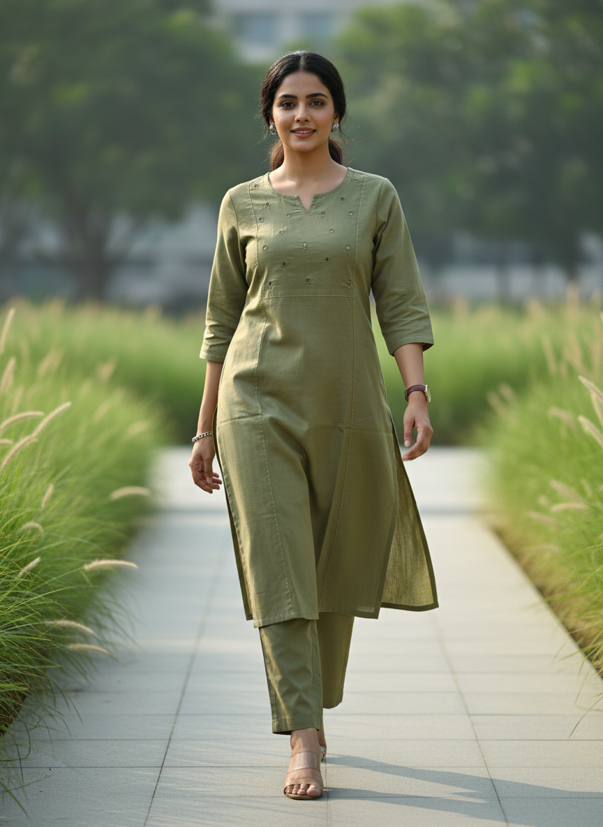 Olive Beige Cotton Kurta With Mirror Yoke