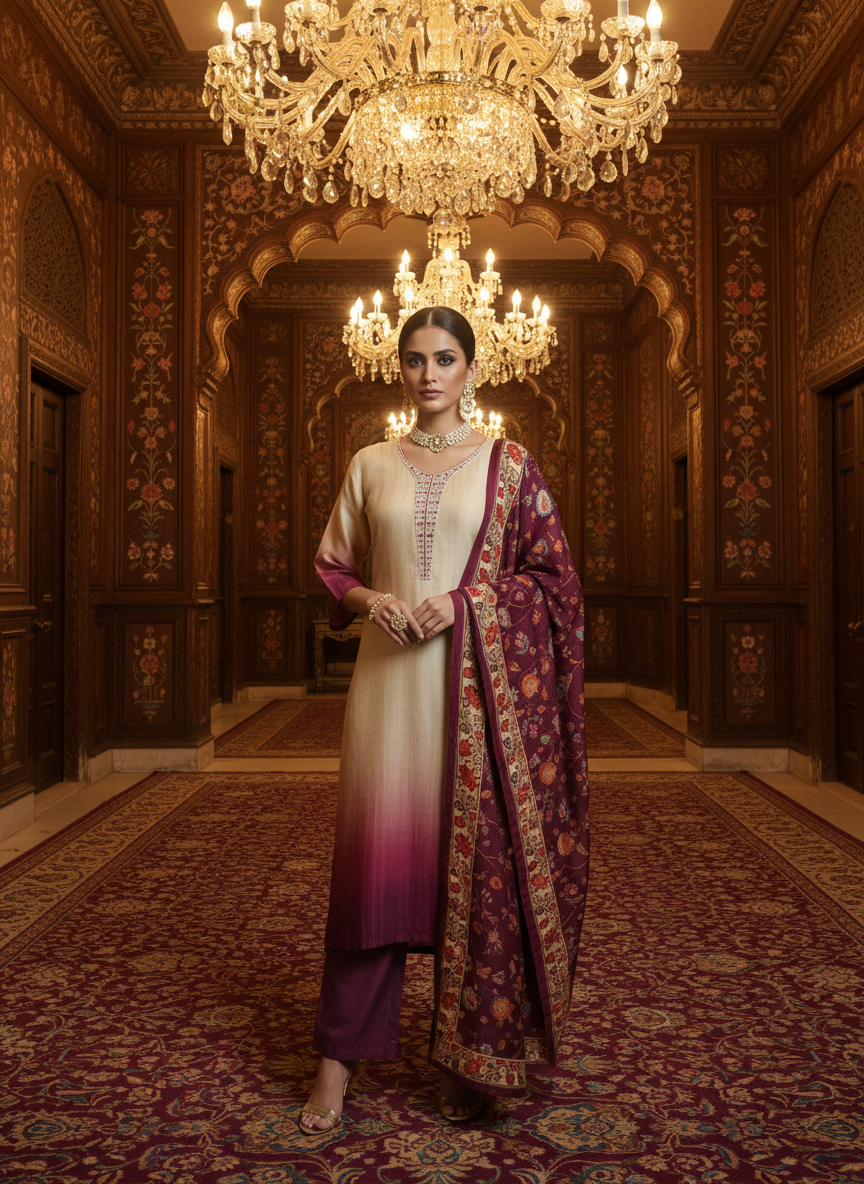 Ombre Dyed Kurta Set with Kalamkari Dupatta - Elegant Ethnic Wear
