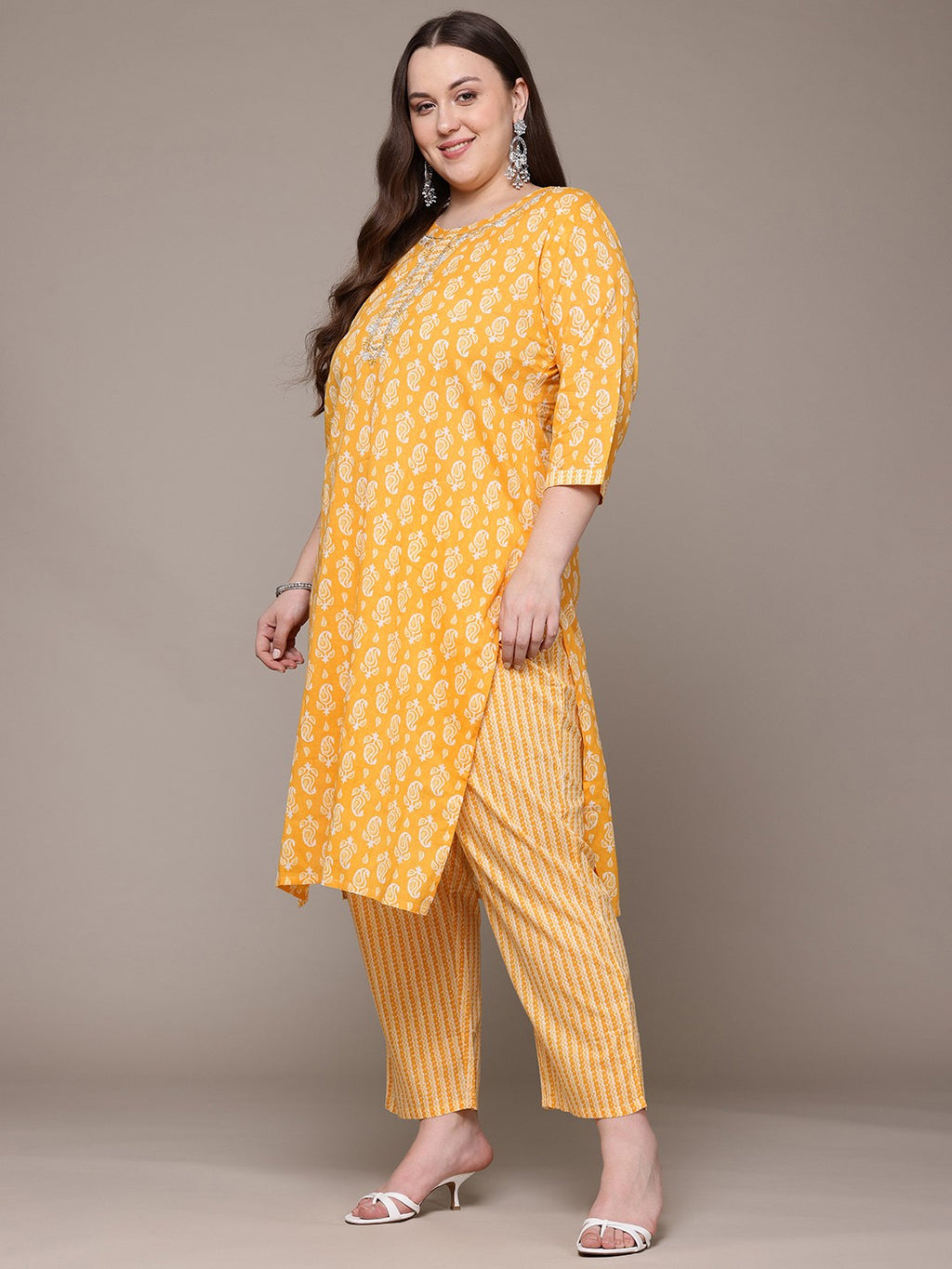 Sunlit Paisley Plus Size Cotton Suit Set with Dupatta